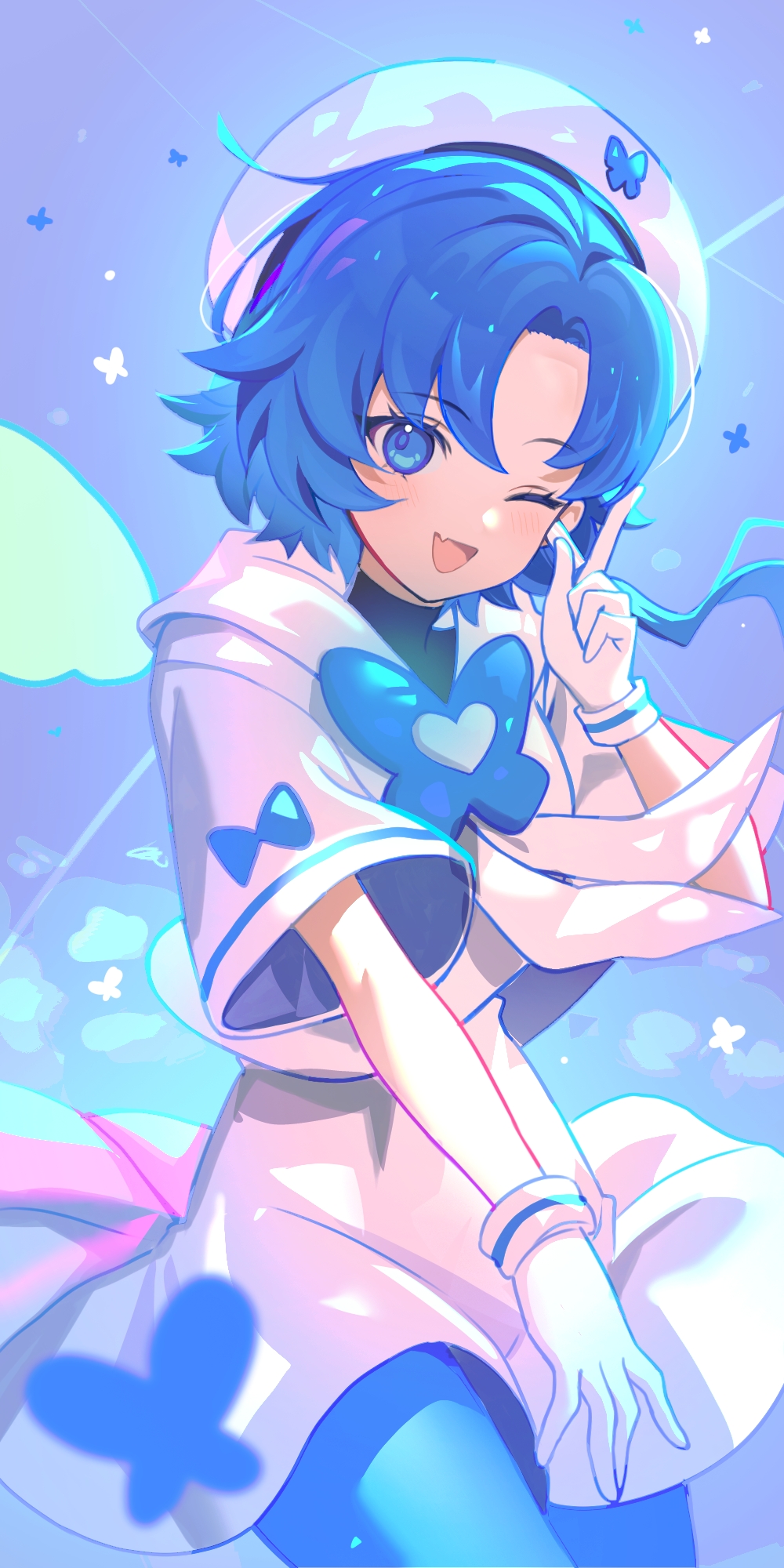 1girl, \||/, animal_print, blue_background, blue_eyes, blue_hair, blue_pantyhose, blue_theme, bluesky, bob_cut, butterfly_print, cowboy_shot, curtained_hair, dress, english_commentary, fang, gloves, hand_up, head_tilt, heart, highres, index_finger_raised, light_blush, looking_at_viewer, noa_(aeru_studio), one_eye_closed, open_mouth, pantyhose, parted_bangs, sailor_collar, sailor_dress, short_hair, short_sleeves, single_sidelock, skin_fang, sky-tan_(vertigris), solo, three_quarter_view, tongue, white_dress, white_gloves, white_sailor_collar