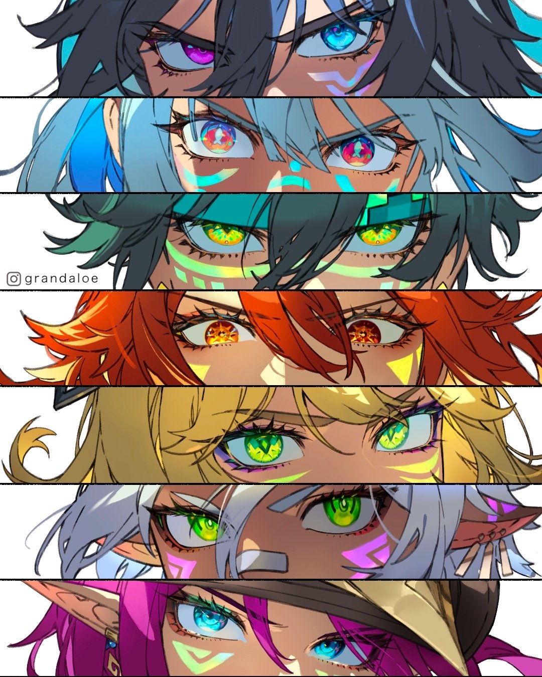 2boys, 5girls, alternate_skin_color, blonde_hair, blue_eyes, chasca_(genshin_impact), dark_skin, genshin_impact, grandaloe, green_eyes, grey_hair, heterochromia, highres, iansan_(genshin_impact), kinich_(genshin_impact), mavuika_(genshin_impact), mualani_(genshin_impact), multiple_boys, multiple_girls, orange_eyes, ororon_(genshin_impact), red_eyes, redhead, simple_background, spoilers, sun-shaped_pupils, sunburst_iris, white_background, white_hair, xilonen_(genshin_impact)