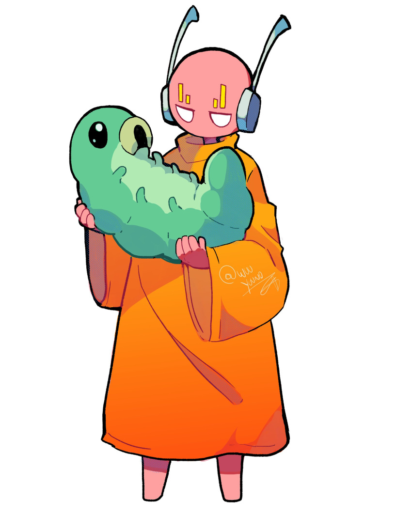 1boy, absurdres, androgynous, artist_name, barefoot, black_eyes, caterpillar, colored_skin, creature, crossover, english_commentary, facial_mark, five_pebbles, forehead_mark, grub_(hollow_knight), highres, holding, holding_creature, hollow_knight, humanoid_robot, iterator_(rain_world), larva, no_mouth, no_nose, orange_robe, pink_skin, rain_world, robe, robot, robot_ears, signature, white_background, wide-eyed, wuu_yuuno