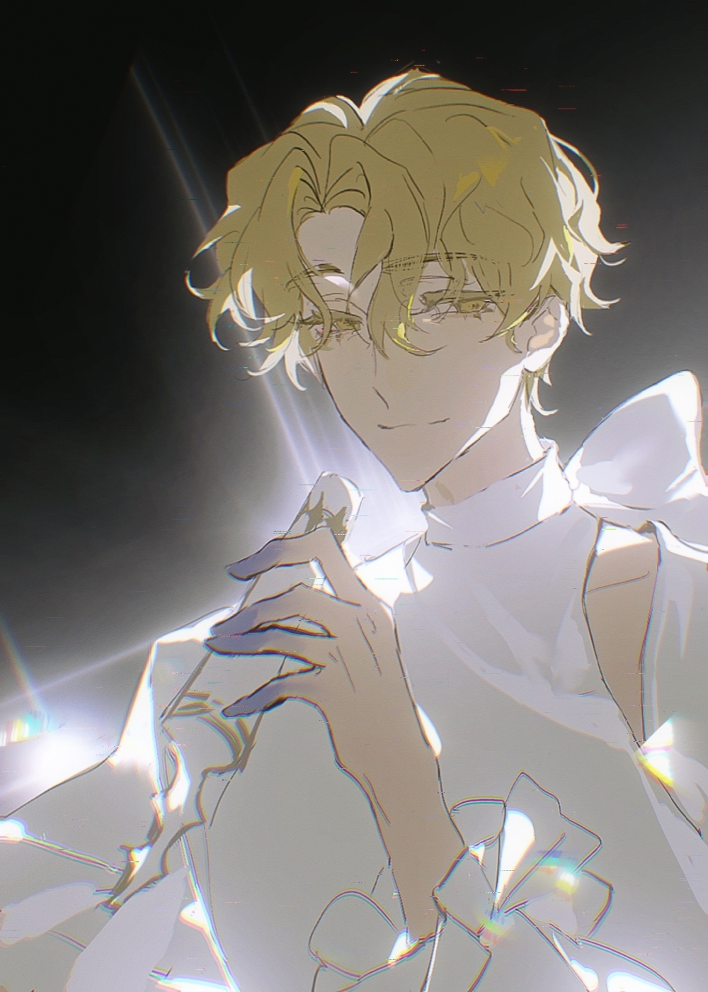 1boy, alien_stage, black_background, blonde_hair, closed_mouth, colored_extremities, colored_eyelashes, highres, holding, holding_microphone, lasiven, long_sleeves, luka_(alien_stage), male_focus, microphone, shirt, short_hair, smile, solo, two-tone_background, upper_body, very_short_hair, white_background, white_shirt