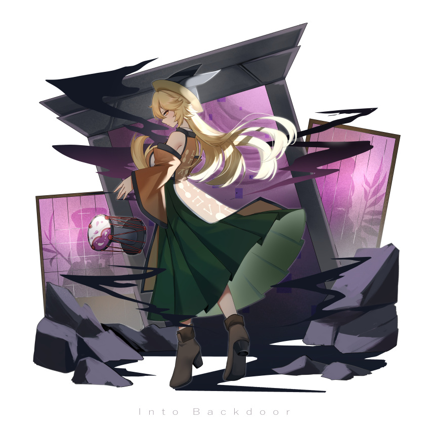 1girl, absurdres, ankle_boots, bare_shoulders, black_hat, blonde_hair, boots, breasts, brown_footwear, constellation_print, detached_sleeves, english_commentary, english_text, eyelashes, floating_hair, full_body, gate, green_skirt, hat, high_heel_boots, high_heels, highres, large_breasts, lips, long_hair, long_skirt, looking_at_viewer, matara_okina, nishida_satono, noruno1510, orange_tabard, pleated_skirt, rock, silhouette, skirt, solo, standing, tabard, teireida_mai, three_quarter_view, tiptoes, touhou, white_background, wide_sleeves, wooden_door, yellow_eyes