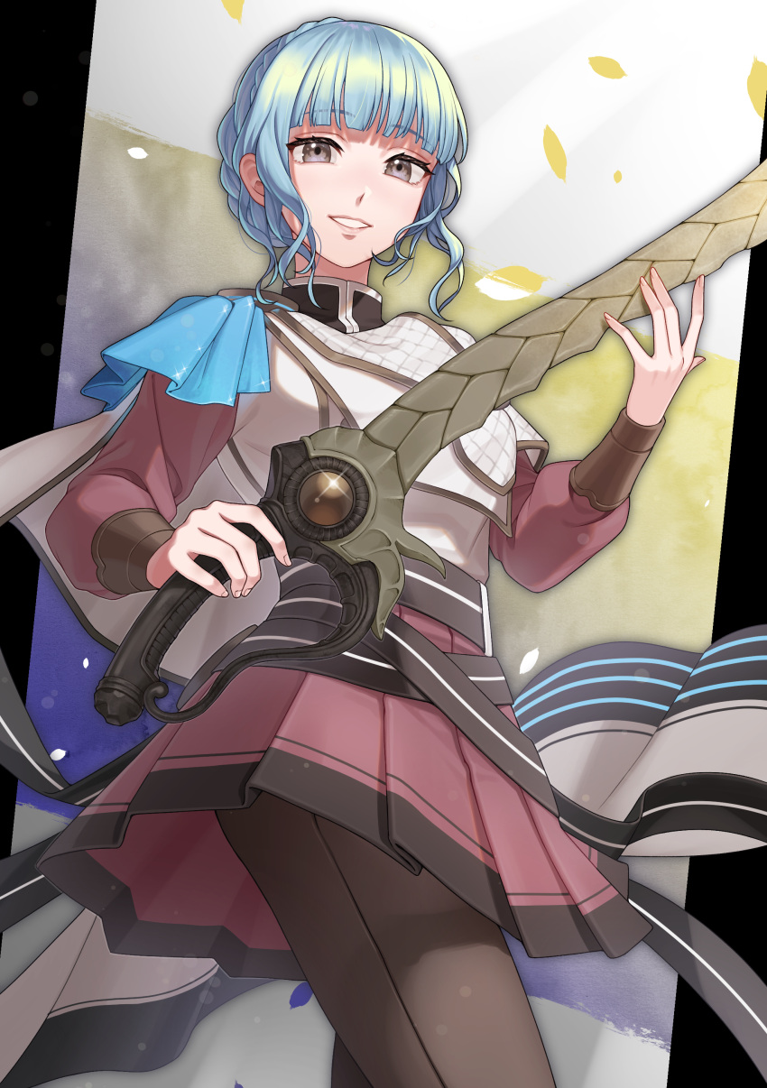 1girl, absurdres, blue_hair, blutgang_(fire_emblem), braid, brown_eyes, cape, capelet, commission, commissioner_upload, cosplay, cowboy_shot, crown_braid, exosister_kaspitell, exosister_kaspitell_(cosplay), exosister_stella, fire_emblem, fire_emblem:_three_houses, highres, kuzunue, long_sleeves, marianne_von_edmund, skeb_commission, skirt, smile, solo, yu-gi-oh!