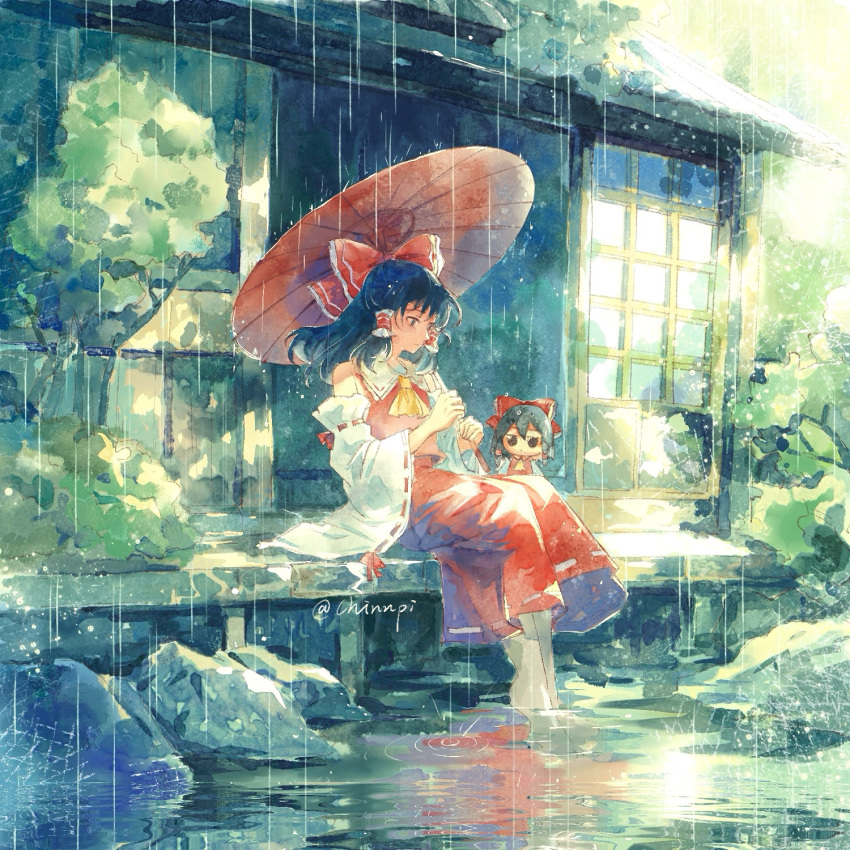 1girl, ascot, black_hair, bow, character_doll, chinese_commentary, chinnpi, commentary_request
