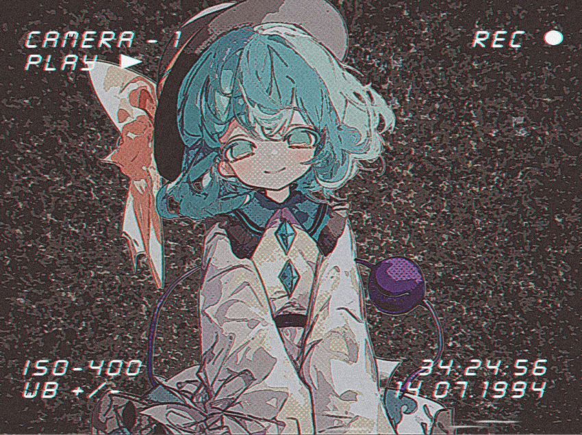 1girl, black_hat, blouse, buttons, dated, diamond_button, film_grain, green_eyes
