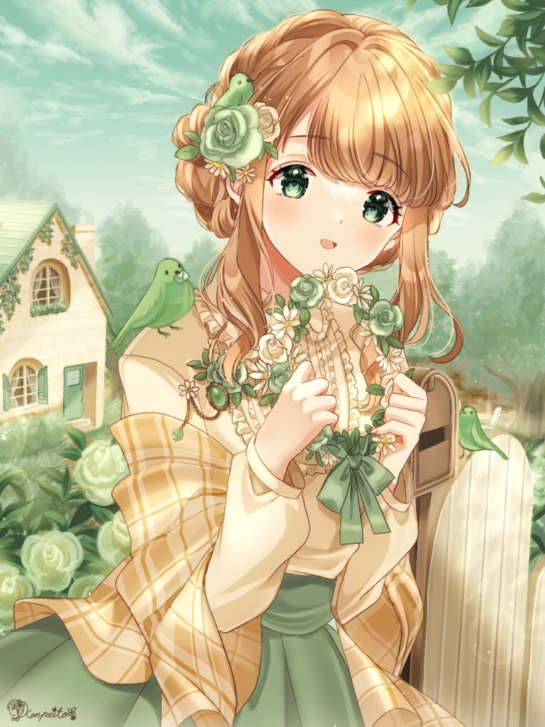 1girl, animal_on_shoulder, bird, bird_on_shoulder, blouse, blush, brooch, brown_hair