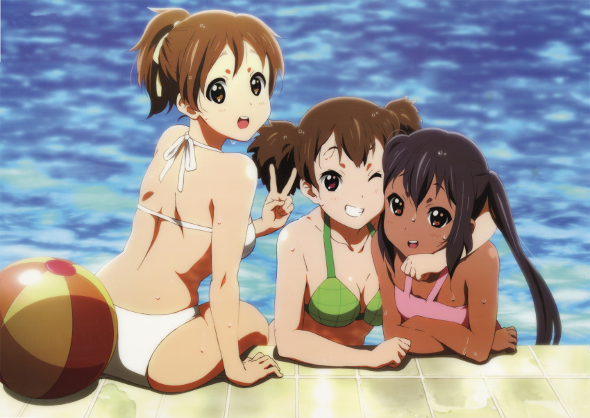 :d, ball, beachball, bikini, black_hair, breasts, brown_eyes, brown_hair