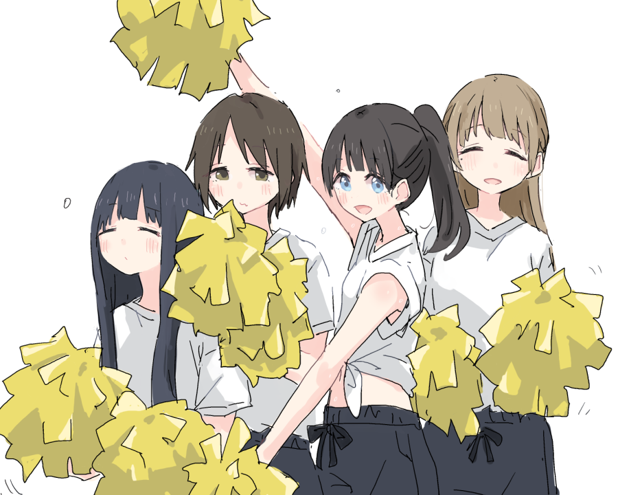 4girls, akebi-chan_no_serafuku, akebi_komichi, black_hair, blonde_hair, blue_eyes, blue_shorts, brown_eyes, brown_hair, closed_eyes, excited, gym_uniform, kamimoku_neko, long_hair, multiple_girls, nawashiro_yasuko, pom_pom_(clothes), ponytail, shiroshi_(denpa_eshidan), shirt, short_hair, shorts, sleepy, t-shirt, tanigawa_kei, upper_body, white_background, white_shirt