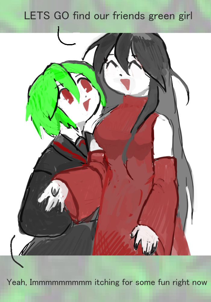 2girls, 8eyes, black_hair, black_serafuku, bloodgirl_(8eyes), detached_sleeves, dialogue_box, dress