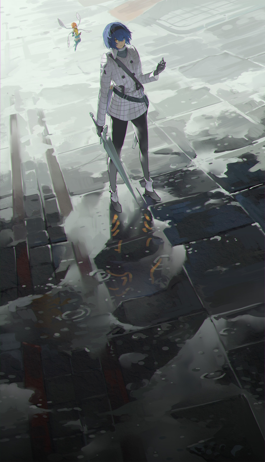 1boy, 1girl, black_gloves, black_hairband, black_pants, blue_eyes, blue_hair, collared_coat