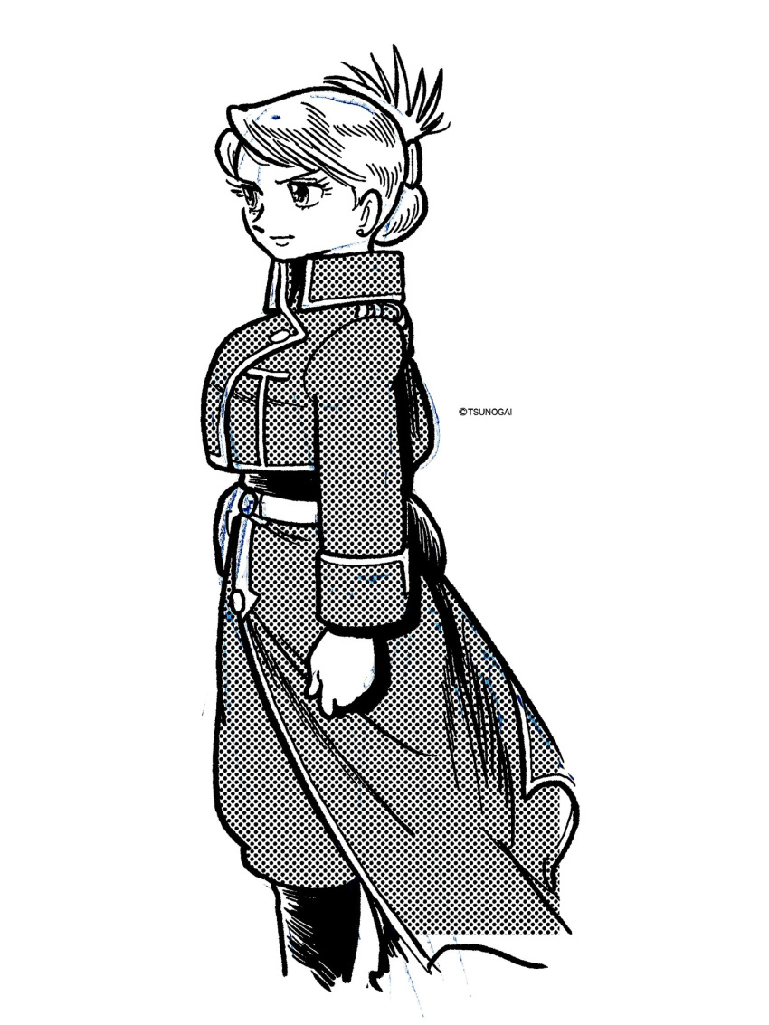 1girl, amestris_military_uniform, arm_at_side, artist_name, baggy_pants, black_footwear, black_outline, black_undershirt, boots, breasts, buttons, clenched_hand, closed_mouth, copyright_notice, cropped_jacket, cropped_legs, earrings, english_text, eyelashes, feet_out_of_frame, folded_ponytail, from_side, fullmetal_alchemist, highres, jacket, jewelry, jpeg_artifacts, knee_boots, long_sleeves, looking_ahead, medium_breasts, military_jacket, outline, pants, ponytail, retro_artstyle, riza_hawkeye, screentones, sketch, sleeve_cuffs, solo, tezuka_osamu_(style), tsunogai, undershirt, waist_cape, white_background