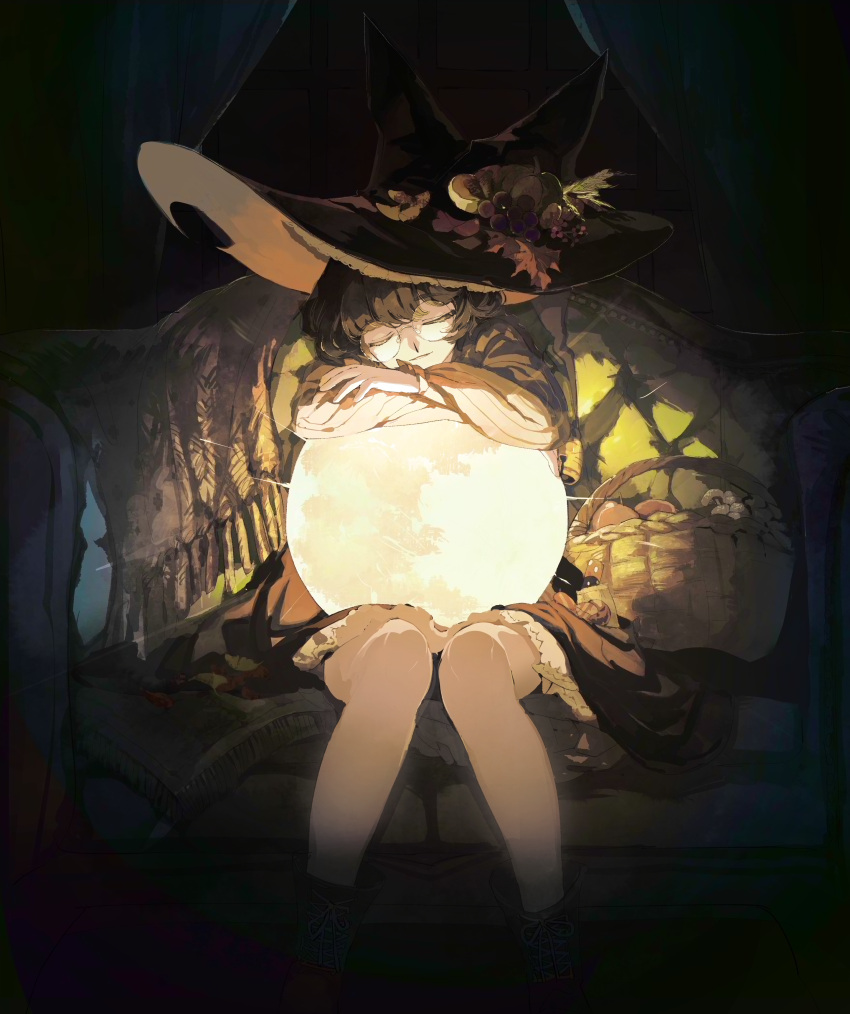 1girl, absurdres, basket, black_hair, black_hat, black_skirt, candy, closed_eyes