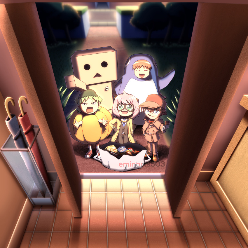 1boy, 3girls, :d, :o, ^_^, absurdres, ahoge, animal_costume, anya_(spy_x_family), artist_name, azumanga_daioh, bag, belt, bloom, blue_eyes, blue_necktie, blue_umbrella, bondman_(spy_x_family), bondman_(spy_x_family)_(cosplay), bow, bowtie, box, box_body, brown_belt, brown_capelet, brown_coat, brown_footwear, brown_gloves, brown_hat, brown_pants, brown_vest, bush, capelet, cardboard_box, ceiling_light, child, closed_eyes, closed_umbrella, coat, cosplay, d:, danboo, deerstalker, door, edogawa_conan, eminarts503, eye_mask, facing_viewer, food, from_above, from_inside, full_body, glasses, gloves, grass, green_eyes, green_hair, group_picture, hairpods, halloween, halloween_costume, hat, highres, holding, holding_smoking_pipe, koiwai_yotsuba, looking_at_viewer, meitantei_conan, mihama_chiyo, multiple_girls, necktie, night, open_clothes, open_coat, open_door, orange_hair, over-rim_eyewear, oxfords, pants, path, penguin_costume, pink_hair, pumpkin_costume, quad_tails, red_bow, red_bowtie, red_footwear, red_umbrella, road, robot, salute, semi-rimless_eyewear, sherlock_holmes, sherlock_holmes_(cosplay), shirt, shopping_bag, sidewalk, smile, smoking_pipe, snack, socks, solid_circle_eyes, spy_x_family, standing, street, sweets, tile_floor, tiles, tree, triangle_mouth, umbrella, v-shaped_eyebrows, vest, waistcoat, white_gloves, white_shirt, white_socks, yellow_coat, yotsubato!