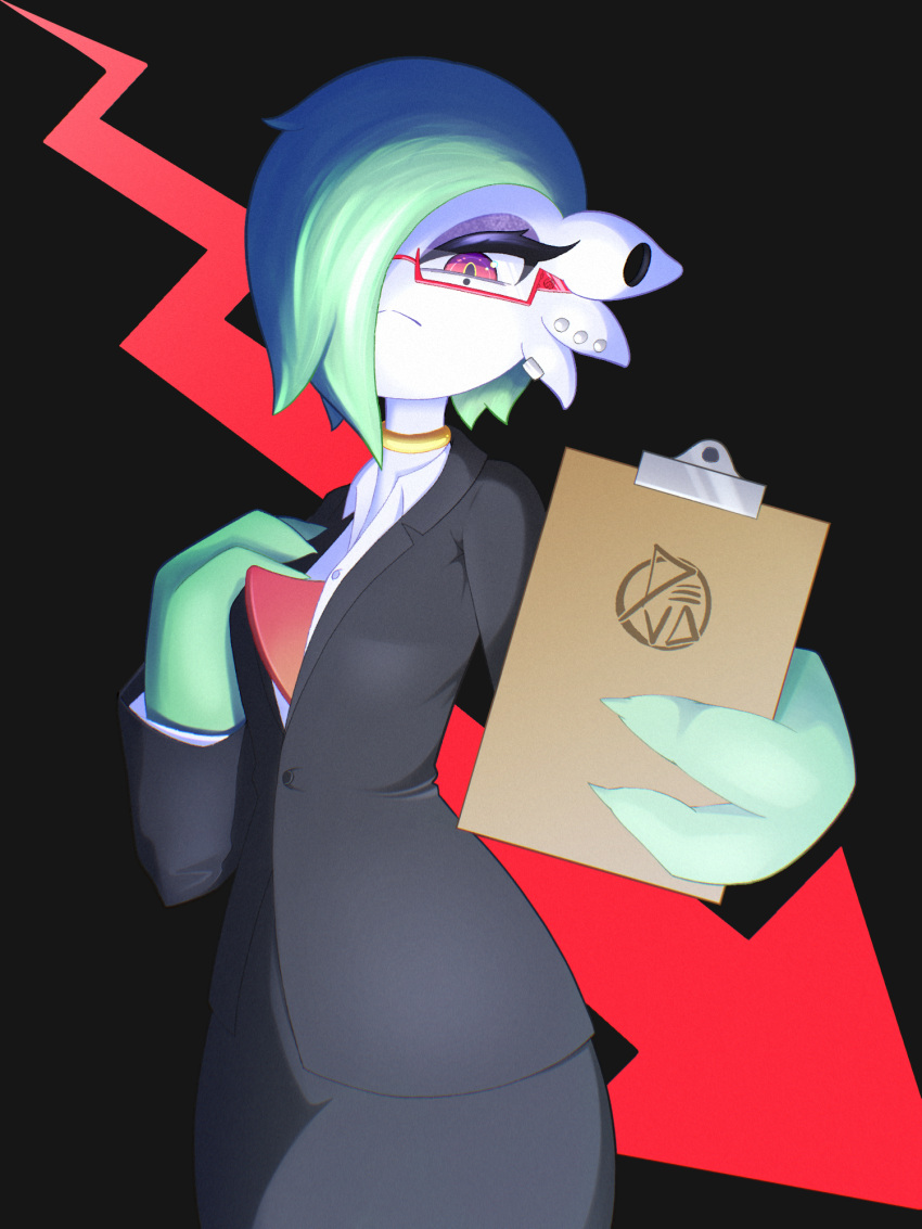 1girl, :<, arrow_(symbol), artist_name, black_background, black_jacket, black_skirt, bob_cut