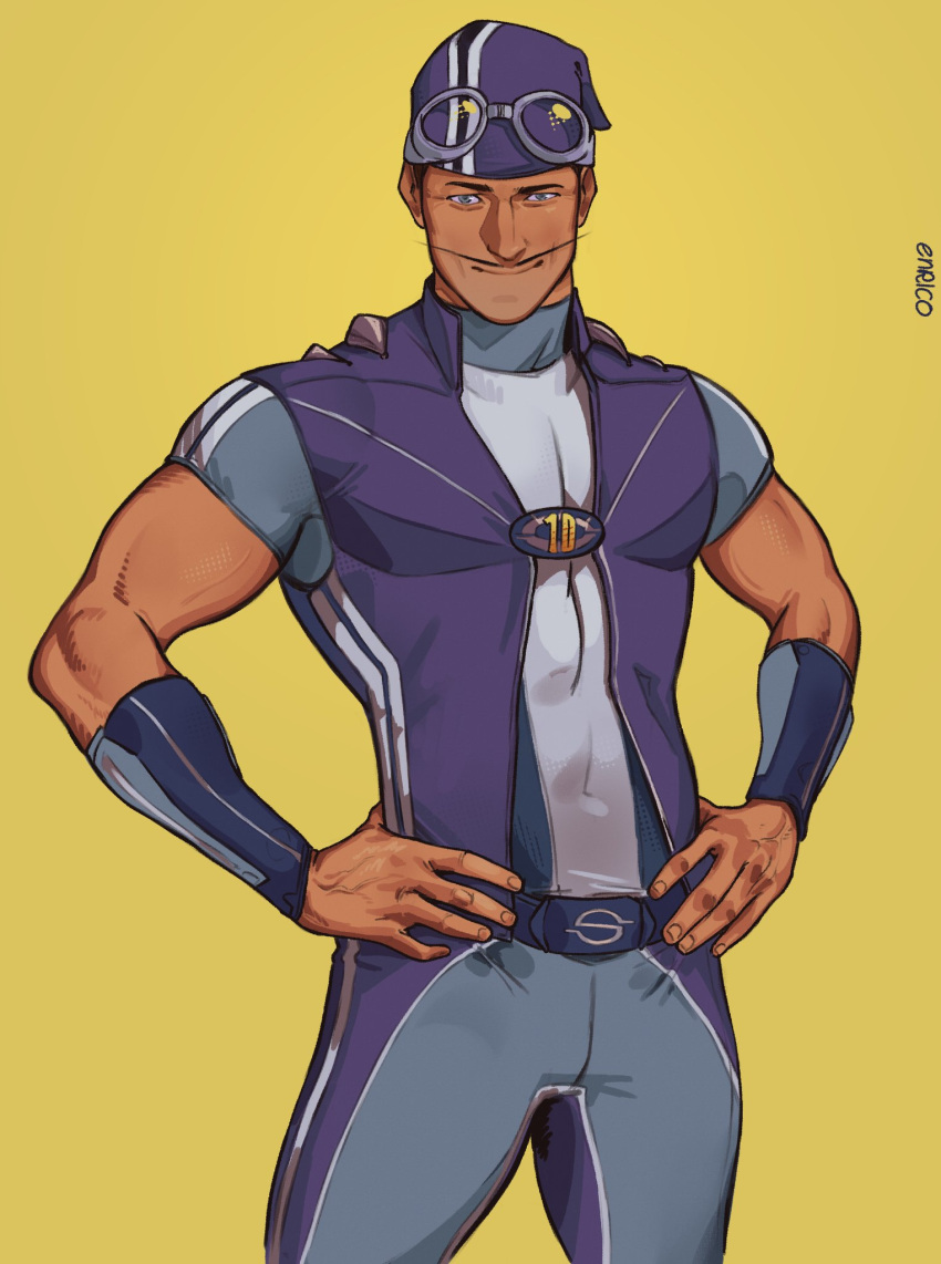 1boy, belt, blue_eyes, blue_pants, closed_mouth, commentary, covered_navel, enri_(ceinordraws)