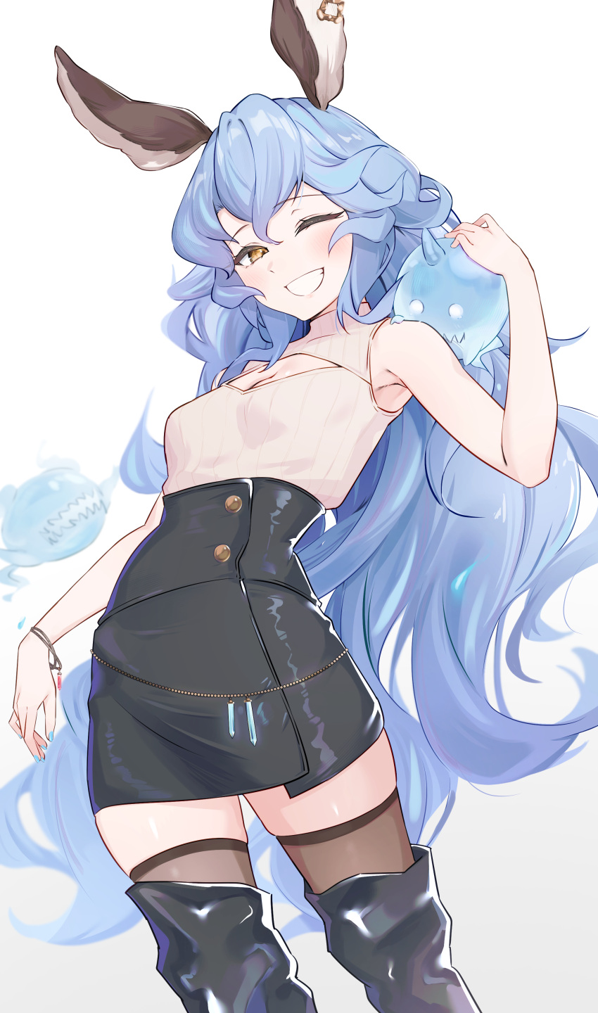 1girl, absurdres, animal_ears, bare_shoulders, blue_hair, bracelet, breasts, cleavage_cutout