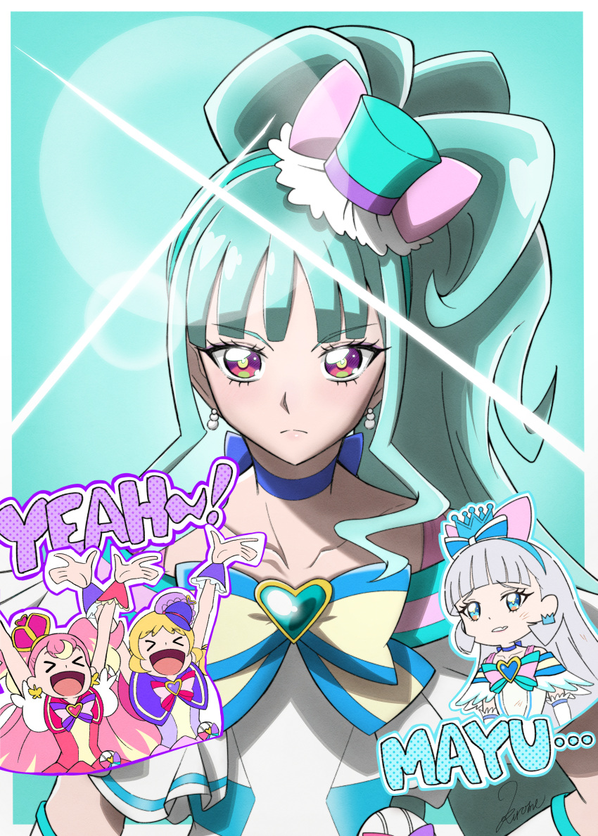 >_<, 4girls, :d, absurdres, aqua_background, aqua_brooch, aqua_hair, aqua_hairband, aqua_hat, arched_crown, arms_up, blonde_hair, blue_bow, blue_bowtie, blue_choker, blue_crown, blue_eyes, blue_hairband, blunt_bangs, bow, bowtie, brooch, capelet, character_name, choker, closed_eyes, closed_mouth, crown, crown_earrings, cure_friendy, cure_lillian, cure_nyammy, cure_wonderful, diffraction_spikes, dress, earrings, elbow_gloves, english_text, flat_cap, frown, gloves, grey_hair, hair_bow, hairband, hat, heart, heart_brooch, highres, inukai_iroha, inukai_komugi, jewelry, kurome_(ku_ro_me_me), long_hair, mini_hat, multicolored_hair, multiple_girls, nekoyashiki_mayu, nekoyashiki_yuki, off-shoulder_dress, off_shoulder, pink_bow, pink_crown, pink_hair, pointed_crown, pouch, precure, puffy_short_sleeves, puffy_sleeves, purple_bow, purple_bowtie, purple_capelet, red_bow, red_bowtie, red_capelet, red_dress, short_sleeves, side_ponytail, smile, tilted_headwear, top_hat, two-tone_hair, two_side_up, very_long_hair, white_dress, white_gloves, wonderful_precure!, wrist_cuffs