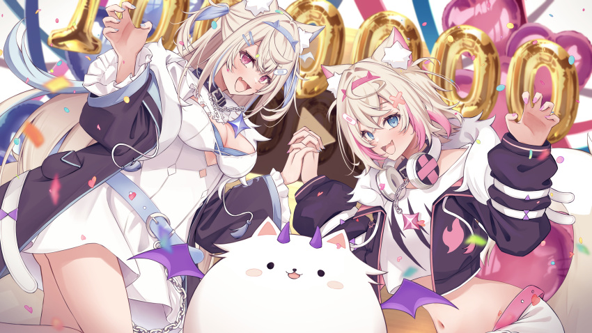 2girls, absurdres, animal_ear_fluff, animal_ears, aoba_takeru, balloon, bandaid, bandaid_hair_ornament