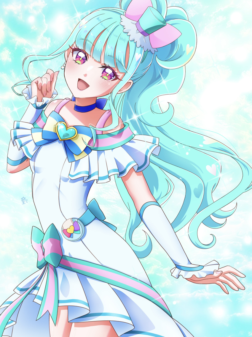 1girl, absurdres, aqua_background, aqua_bow, aqua_hair, aqua_sash, back_bow, blue_bow