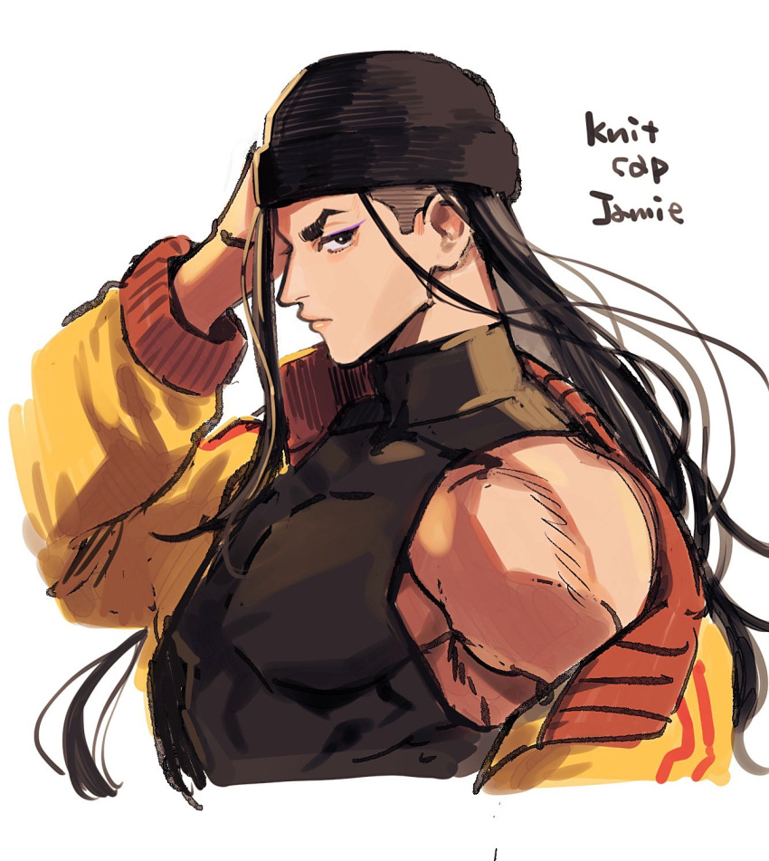 1boy, arm_up, beanie, black_hat, black_shirt, brown_eyes, closed_mouth, cropped_torso, english_text, eyeliner, hand_on_own_head, hat, highres, impossible_clothes, jacket, jacket_on_shoulders, jamie_siu, kastrachang, long_hair, long_sleeves, makeup, male_focus, muscular, muscular_male, shirt, single_bare_shoulder, sleeveless, sleeveless_shirt, solo, street_fighter, street_fighter_6, very_long_hair, yellow_jacket
