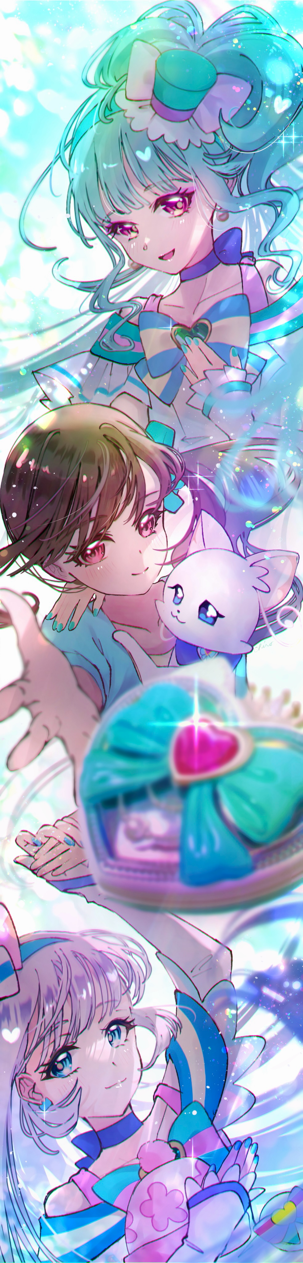 3girls, absurdres, animal, aqua_hair, aqua_hat, black_hair, blue_bow, blue_bowtie