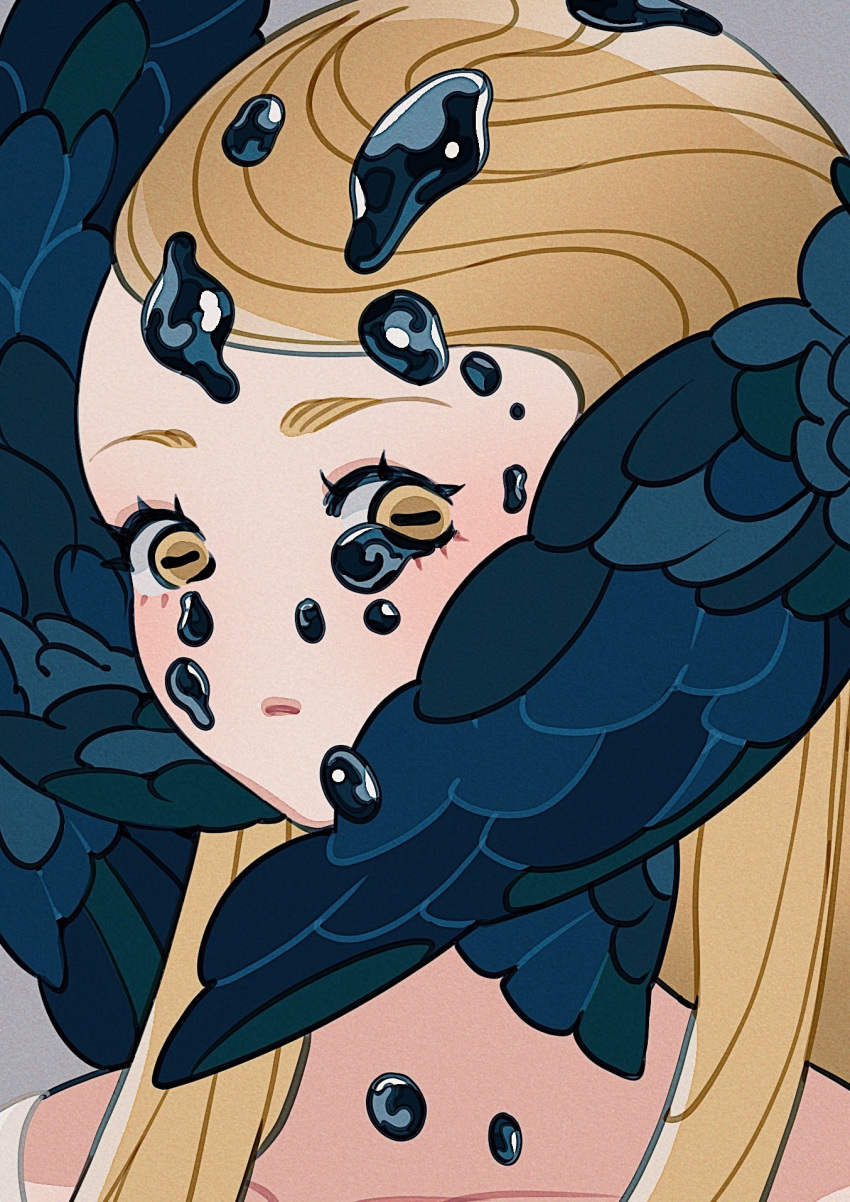 1girl, black_feathers, black_liquid, black_tears, black_wings, blonde_hair, blue_feathers, blue_wings