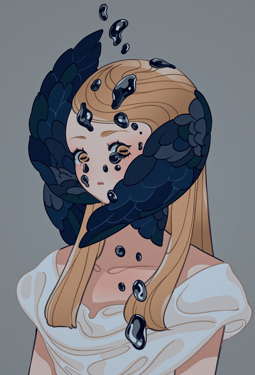 1girl, black_feathers, black_liquid, black_tears, black_wings, blonde_hair, blue_feathers, blue_wings