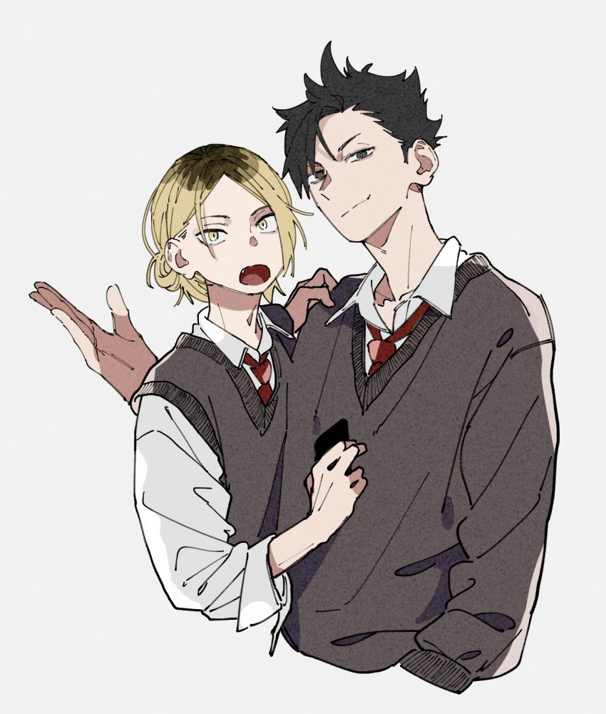 2boys, arm_up, black_hair, black_sweater, black_sweater_vest, blonde_hair, brown_hair, commentary_request