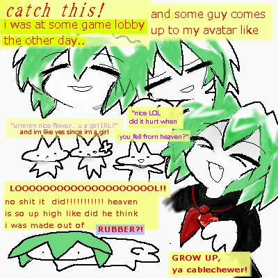 >_<, 1girl, 8eyes, :d, =_=, animal_ears, black_sailor_collar, black_serafuku, colored_skin, dialogue_box, doodle_inset, english_text, fang, green_hair, greengirl_(8eyes), laughing, lowres, microsoft_paint_(medium), multiple_views, neckerchief, open_mouth, red_neckerchief, sailor_collar, school_uniform, serafuku, short_hair, simple_background, smile, surreal, white_background, white_skin, xd, yogurt200