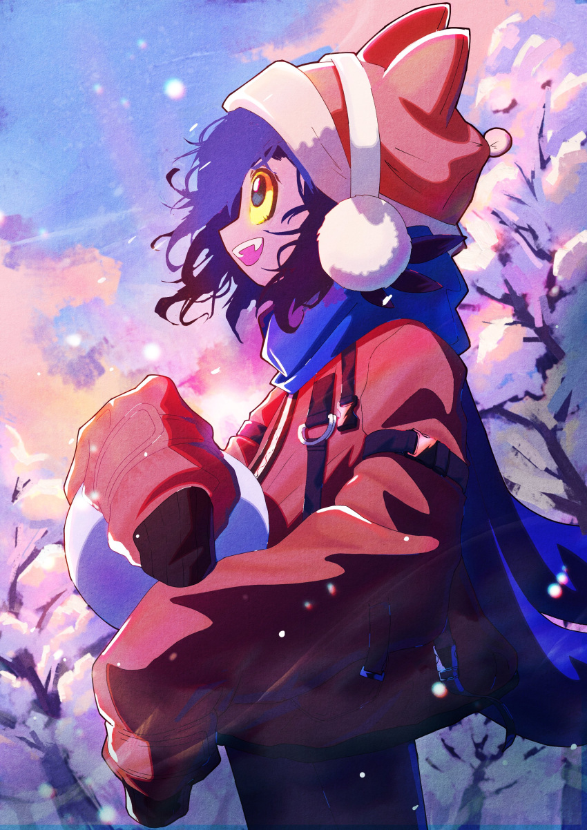 1other, absurdres, alternate_headwear, androgynous, animal_hat, blue_eyes, blue_hair, blue_pants, blue_scarf, blue_sky, brown_coat, buckle, cat_hat, christmas, coat, colored_sclera, commentary, cowboy_shot, day, earmuffs, english_commentary, from_side, hat, highres, holding_bulb, imasiphy, light_bulb, looking_ahead, medium_hair, niko_(oneshot), oneshot_(game), open_mouth, other_focus, outdoors, pants, pom_pom_(clothes), red_hat, scarf, sky, sleeves_past_fingers, sleeves_past_wrists, smile, snap-fit_buckle, snow, solo, sunrise, teeth, tree, upper_teeth_only, winter, yellow_sclera, zipper