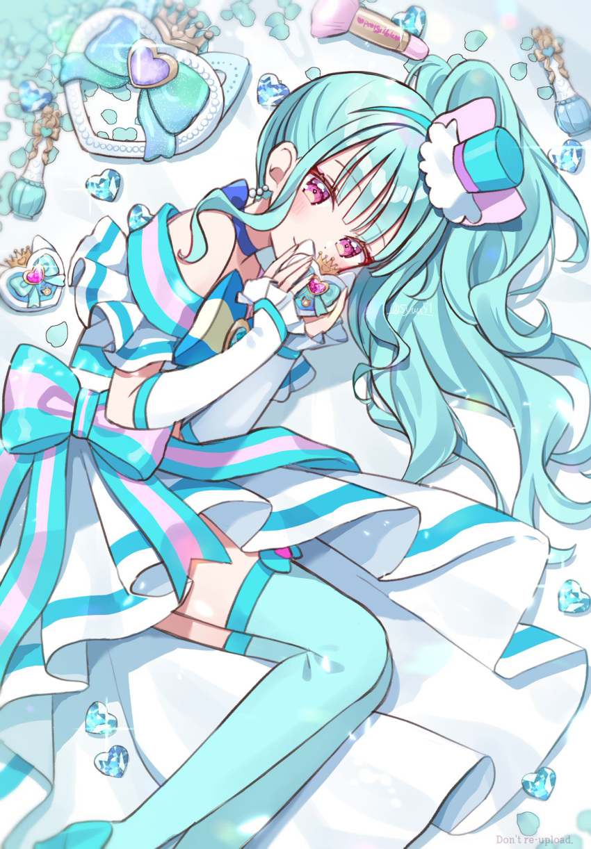 1girl, amity_ribbon_tamourine, aqua_bow, aqua_hair, aqua_hairband, aqua_hat, aqua_thighhighs, blue_bow