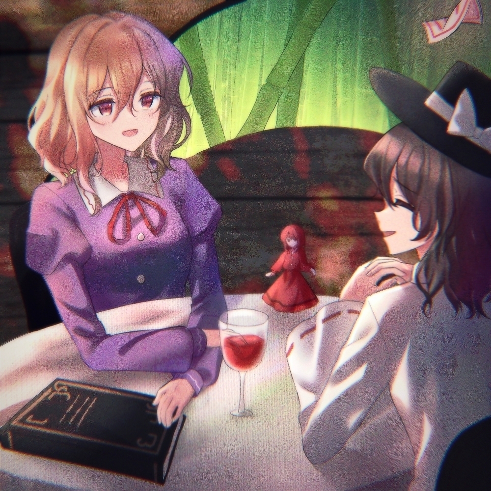 2girls, bamboo, bamboo_forest, black_hat, blonde_hair, boater_hat, book, bow