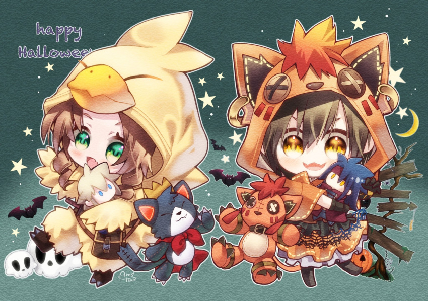 2girls, :3, aerith_gainsborough, aerith_gainsborough_(chocobo_suit), animal_hood, arestear0701, black_hair, brown_hair, cait_sith_(final_fantasy), character_doll, character_hood, chibi, chocobo_costume, cloud_strife, commentary_request, cosplay, english_text, final_fantasy, final_fantasy_vii, final_fantasy_vii_ever_crisis, halloween, halloween_costume, happy_halloween, highres, hood, looking_at_viewer, multiple_girls, official_alternate_costume, red_xiii, red_xiii_(cosplay), vincent_valentine, yuffie_kisaragi, yuffie_kisaragi_(nanaki_mantle)