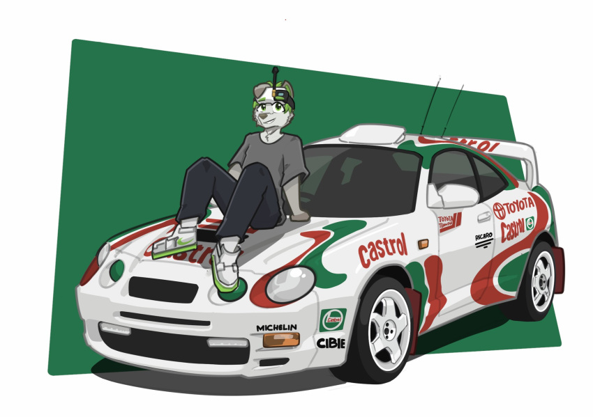 1boy, adamartz, animal_ears, animal_nose, black_pants, blue_eyes, car, castrol