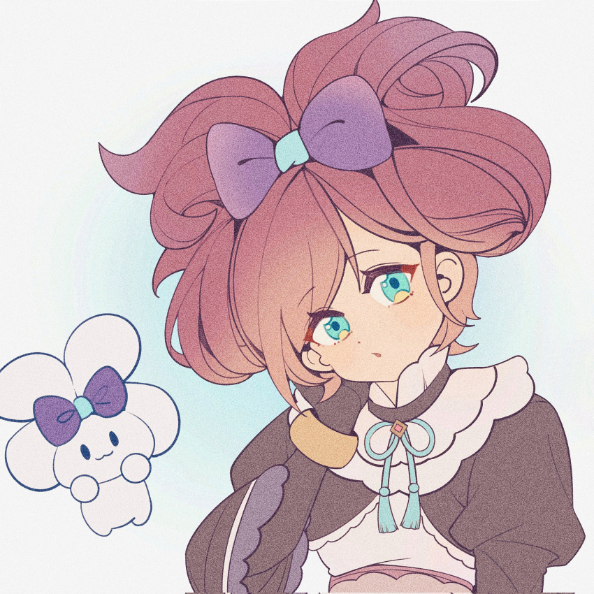 1girl, :o, aqua_eyes, blue_background, bow, cinnamiku_hairstyle, cinnamoroll, dog