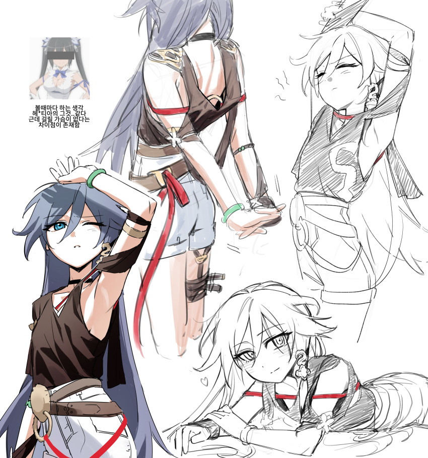 1girl, 7h3rd, absurdres, armpits, arms_behind_back, back, bare_legs, bare_shoulders, belt, black_shirt, blue_eyes, blush, bracelet, choker, closed_eyes, fu_hua, fu_hua_(night_squire), fu_hua_(rustic_noir), grey_hair, hair_ornament, highres, honkai_(series), honkai_impact_3rd, jewelry, long_hair, looking_at_viewer, one_eye_closed, shirt, shorts, sketch, smile, stretching, tape, white_background, white_shorts