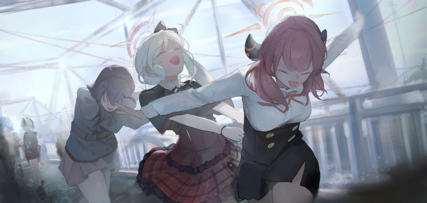 4girls, absurdres, aru_(blue_archive), black_skirt, blue_archive, breasts, brown_horns, closed_eyes