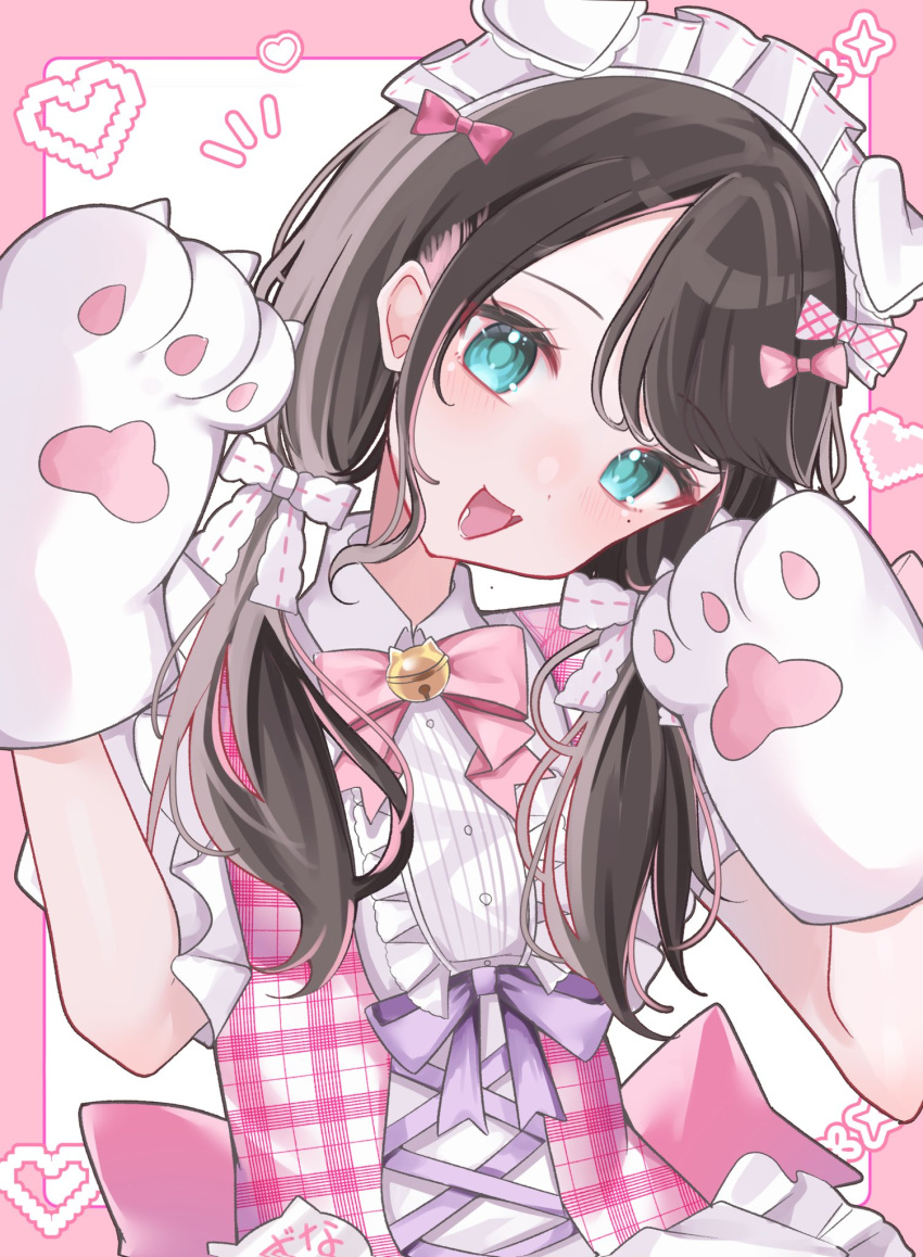 1girl, :3, animal_hands, aqua_eyes, back_bow, bell, black_hair, bow, bowtie, collared_shirt, criss-cross_ribbon, fang, frilled_hairband, frilled_shirt_collar, frills, gloves, hair_bow, hairband, heart, highres, kaga_nazuna, low_twintails, lupinus_virtual_games, maid, mole, mole_under_eye, neck_bell, open_mouth, parted_bangs, paw_gloves, paw_pose, pink_bow, pink_bowtie, pink_vest, pixel_heart, plaid_clothes, plaid_vest, shirt, short_sleeves, solo, twintails, unconventional_maid, upper_body, vest, virtual_youtuber, vspo!, yuru._(m29125567)