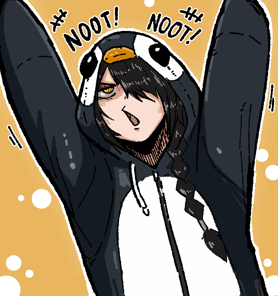 1girl, animal_costume, arms_up, black_hair, chainsaw_man, hair_over_one_eye, long_braid, long_hair