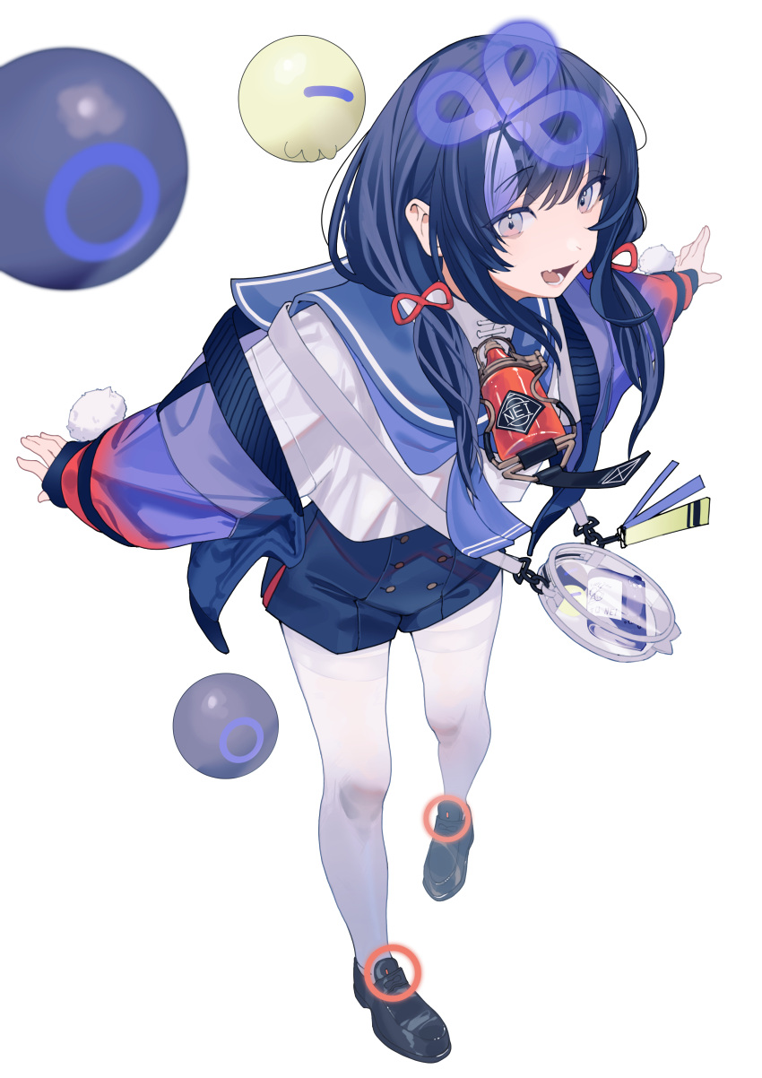 1girl, absurdres, arisaki_(cnxy7525), black_footwear, black_shorts, blue_hair, commentary_request, fang