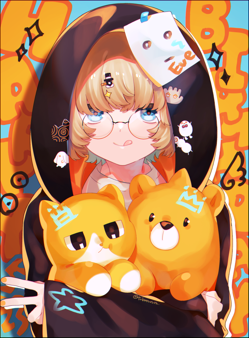 1boy, :p, black_hoodie, blonde_hair, blue_background, blue_eyes, commentary_request, english_text