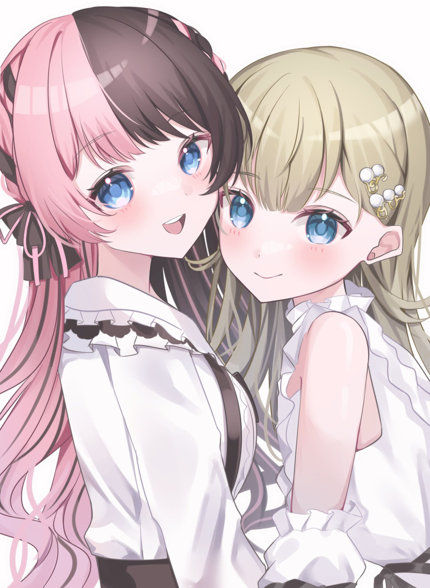 2girls, bare_shoulders, blue_eyes, bow, braid, brown_hair, cattleya_regina_games, detached_sleeves