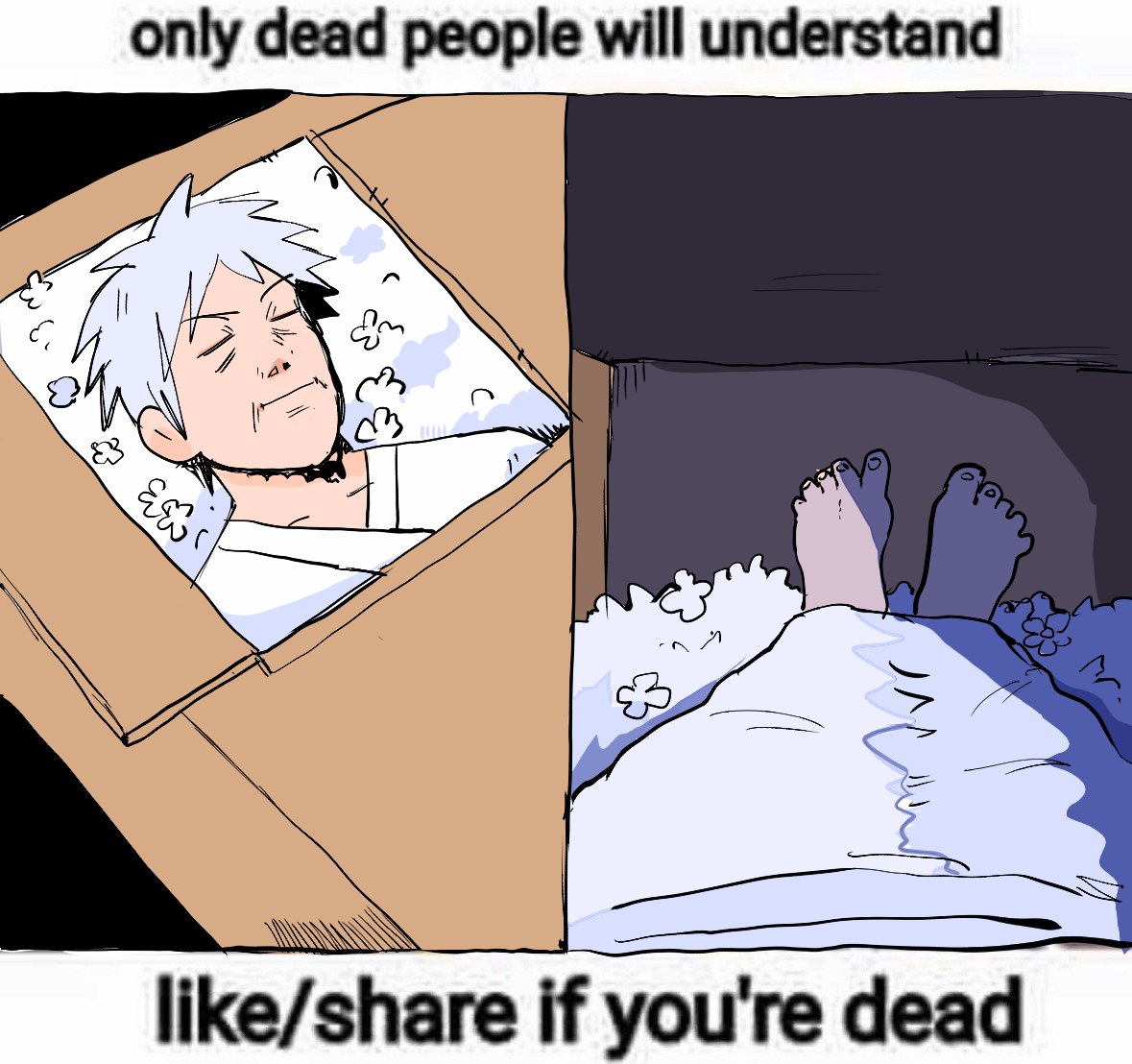 1boy, :i, akagi_shigeru, barefoot, closed_eyes, closed_mouth, coffin, commentary, death, english_text, flower, fukumoto_mahjong, grey_hair, japanese_clothes, kimono, male_focus, meme, old, old_man, short_hair, ten_(manga), tzk6996, white_flower, white_kimono
