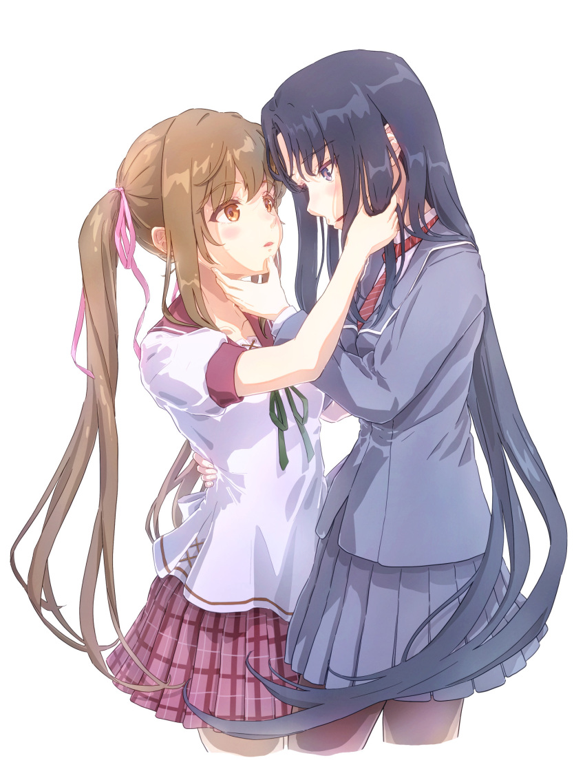 2girls, akai_ito, black_hair, black_jacket, black_pantyhose, black_skirt, brown_eyes, brown_hair, commentary_request, cowboy_shot, eye_contact, hair_ribbon, hand_in_another's_hair, hand_on_another's_face, hand_on_another's_waist, hatou_kei, highres, jacket, long_hair, long_sleeves, looking_at_another, m0c0pi, multiple_girls, necktie, pantyhose, parted_lips, pink_ribbon, pink_sailor_collar, pink_skirt, plaid_clothes, plaid_skirt, pleated_skirt, red_necktie, ribbon, sailor_collar, school_uniform, senba_uzuki, serafuku, shirt, short_sleeves, simple_background, skirt, twintails, violet_eyes, white_background, white_shirt, yuri