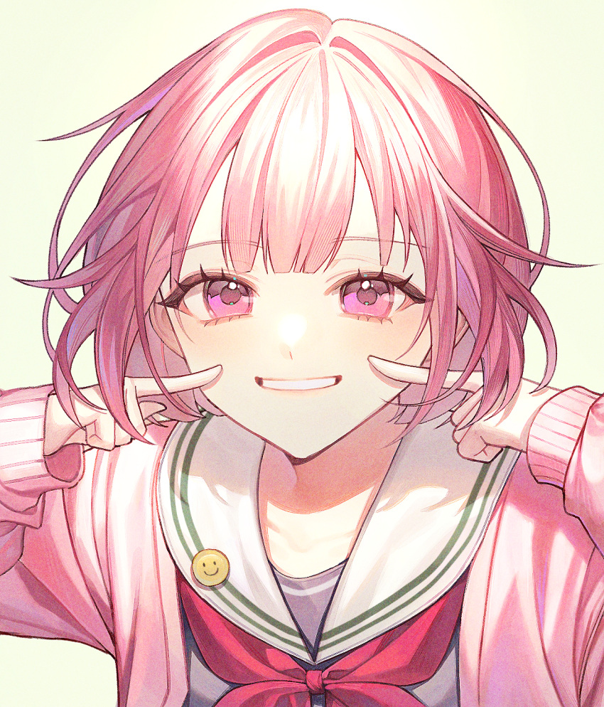 1girl, aegyo_sal, badge, button_badge, commentary_request, grin, highres, jacket, long_sleeves, miyamasuzaka_girls'_academy_school_uniform, neckerchief, ootori_emu, open_clothes, open_jacket, pink_eyes, pink_hair, pink_jacket, pointing, pointing_at_self, project_sekai, red_neckerchief, sailor_collar, school_uniform, short_hair, simple_background, smile, solo, sueon00, white_background, white_sailor_collar