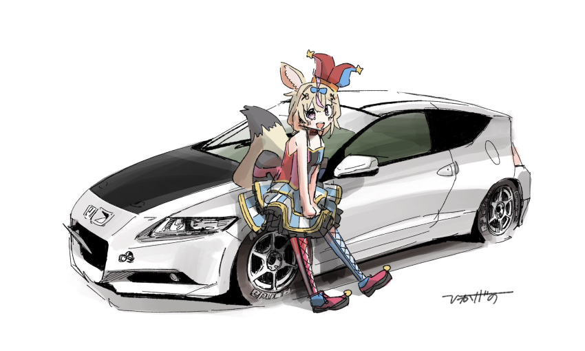 1girl, animal_ears, asymmetrical_legwear, blue_pantyhose, car, fox_ears, fox_girl, fox_tail