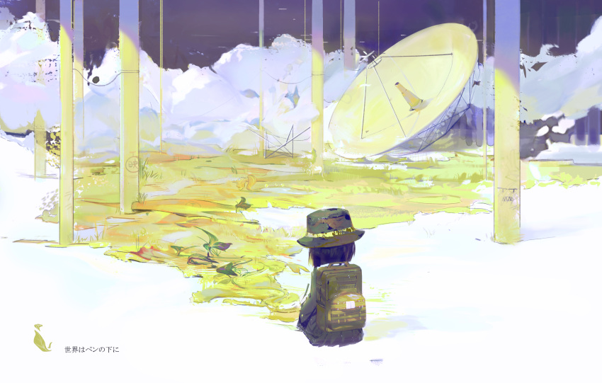 1girl, absurdres, asakusa_midori, backpack, bag, black_hair, boonie_hat, camouflage_bag