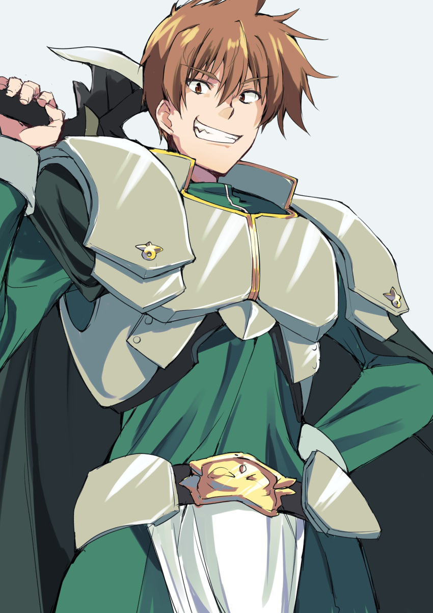 1boy, :d, armor, belt, black_belt, brown_eyes, brown_hair, chaos_(rance)