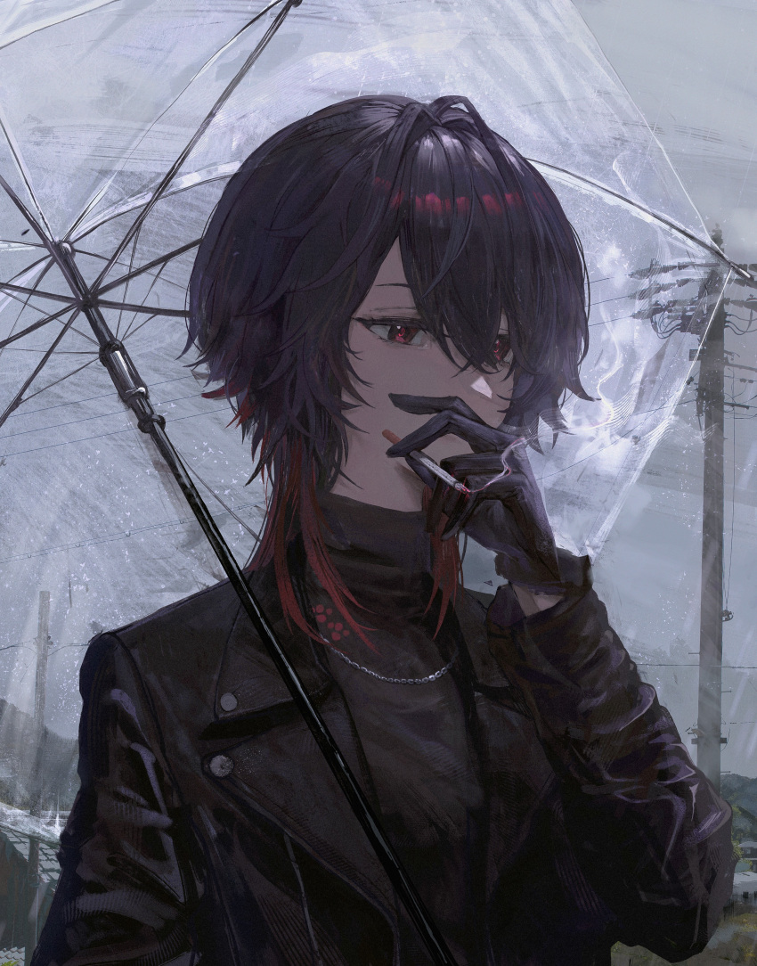 1girl, absurdres, black_gloves, black_hair, black_jacket, black_sweater, chain, chain_necklace