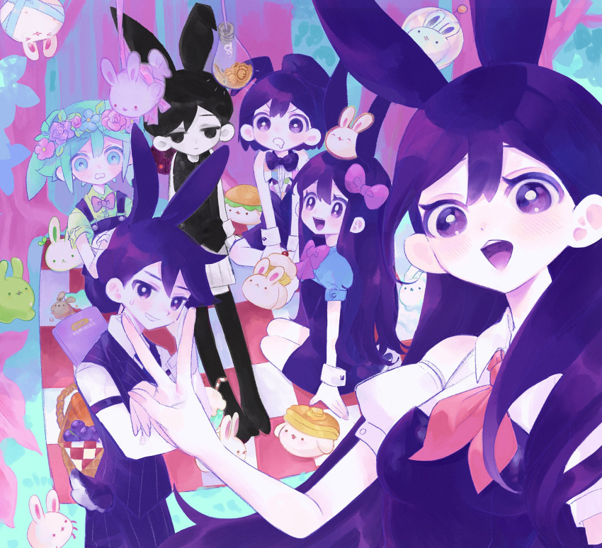 2girls, 4boys, alternate_costume, animal_ears, arm_support, aubrey_(headspace)_(omori), aubrey_(omori), basil_(headspace)_(omori)
