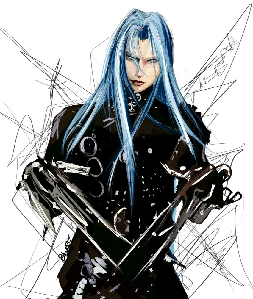 alternate_costume, black_bodysuit, black_gloves, blue_eyes, blue_hair, blurryzip, bodysuit, claws